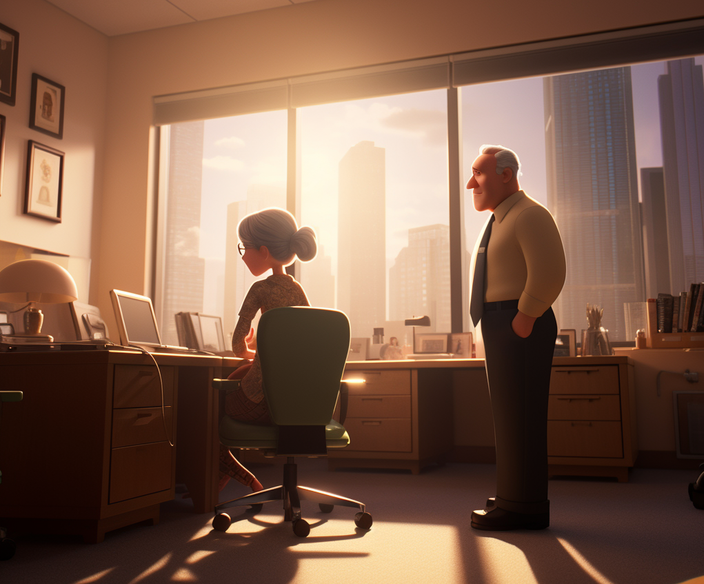 Pixar style manager image looking over shoulder of employee